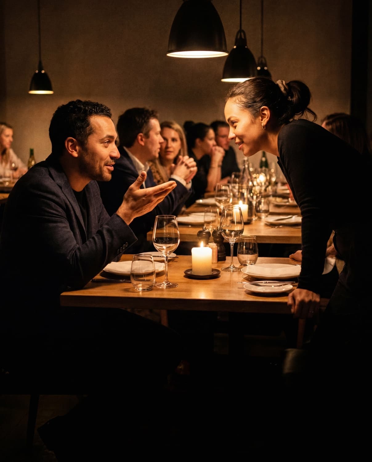 Two people in conversation at a restaurant table
