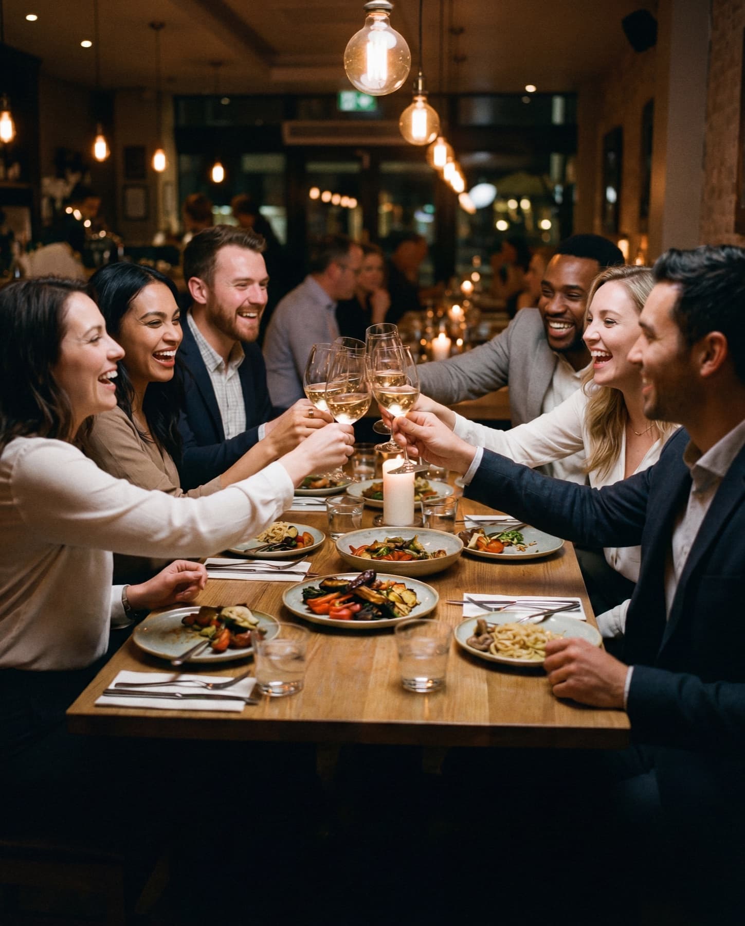 Six people at a candlelit dinner table