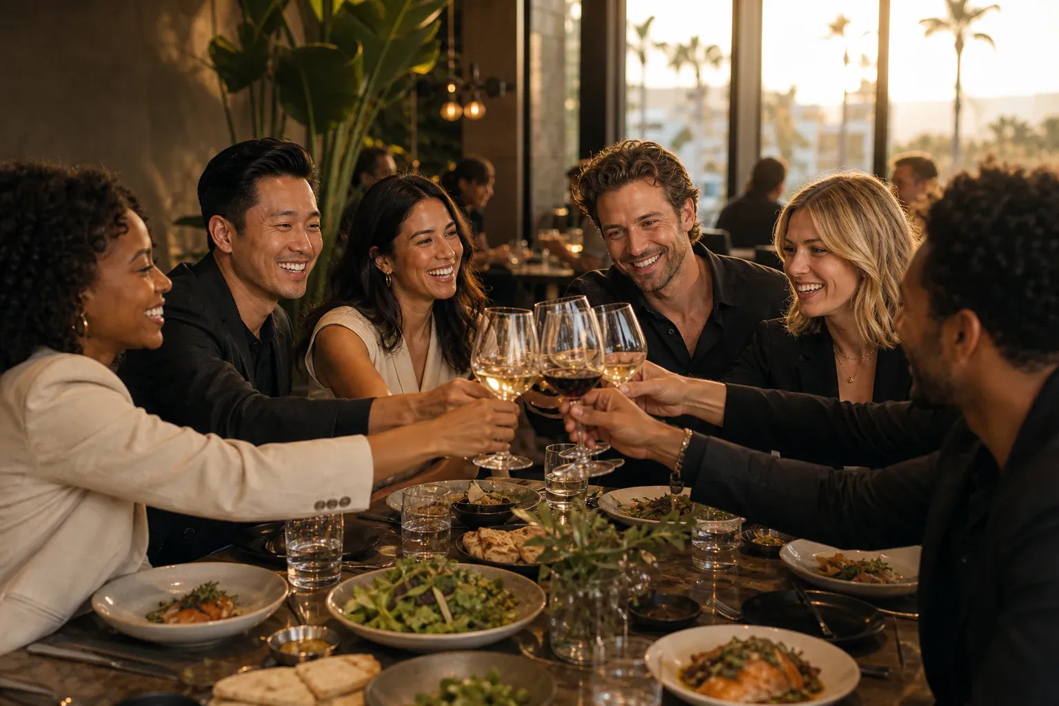 Members in conversation at a Southern California dinner table